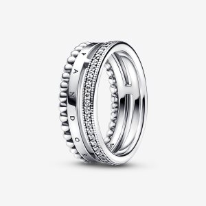 Pasmo Pandora Signature Logo Pave & Beads Srebrne | UB3512408