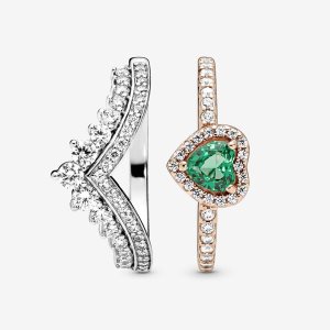 Zestawy Pierścieni Pandora Green Princess Wishbone Stacking Kolorowe | UA1685203